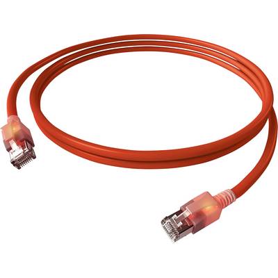 Červený sieťový kábel s RJ45 konektormi na oboch koncoch.