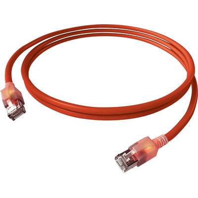 Červený ethernetový kábel s RJ-45 konektormi na oboch koncoch, zvinutý a pripravený na použitie pre sieťové pripojenia.
