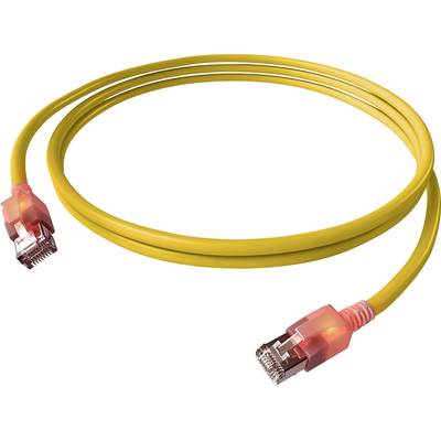 Žltý ethernetový kábel s dvoma RJ45 konektormi. Konce svietia červeno. Používa sa na sieťové pripojenia a prenos dát.