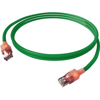 Zelený ethernetový kábel so žiarivo oranžovými konektormi na oboch koncoch, používaný na sieťové pripojenia.