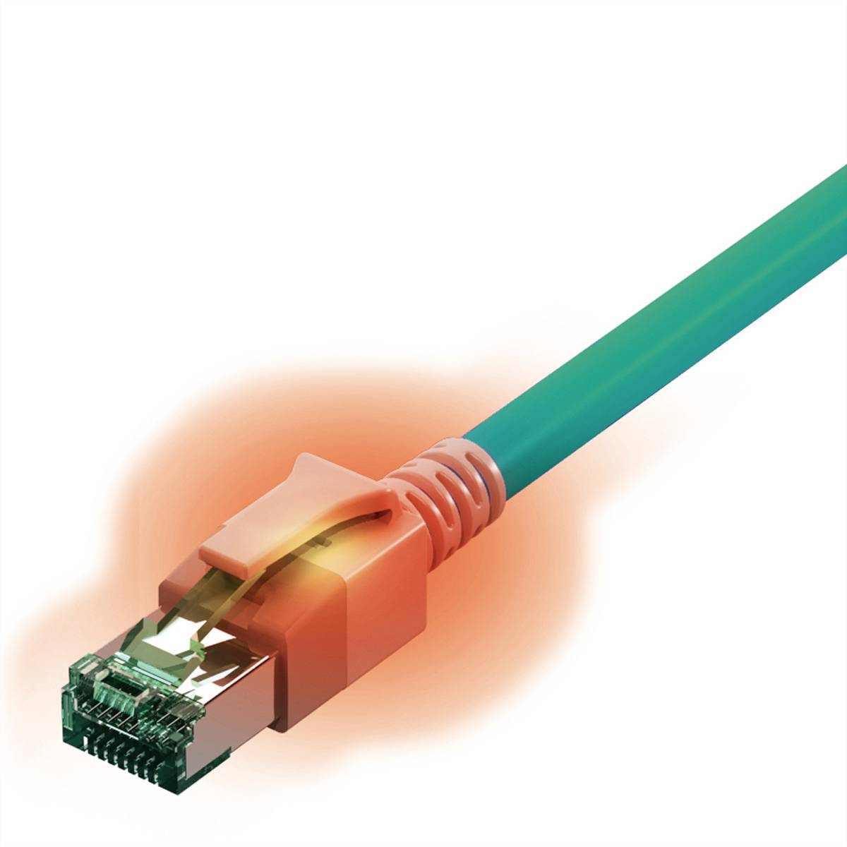 Zelený ethernetový kábel s oranžovo svietiacou zásuvkou, ktorá signalizuje sieťovú aktivitu.
