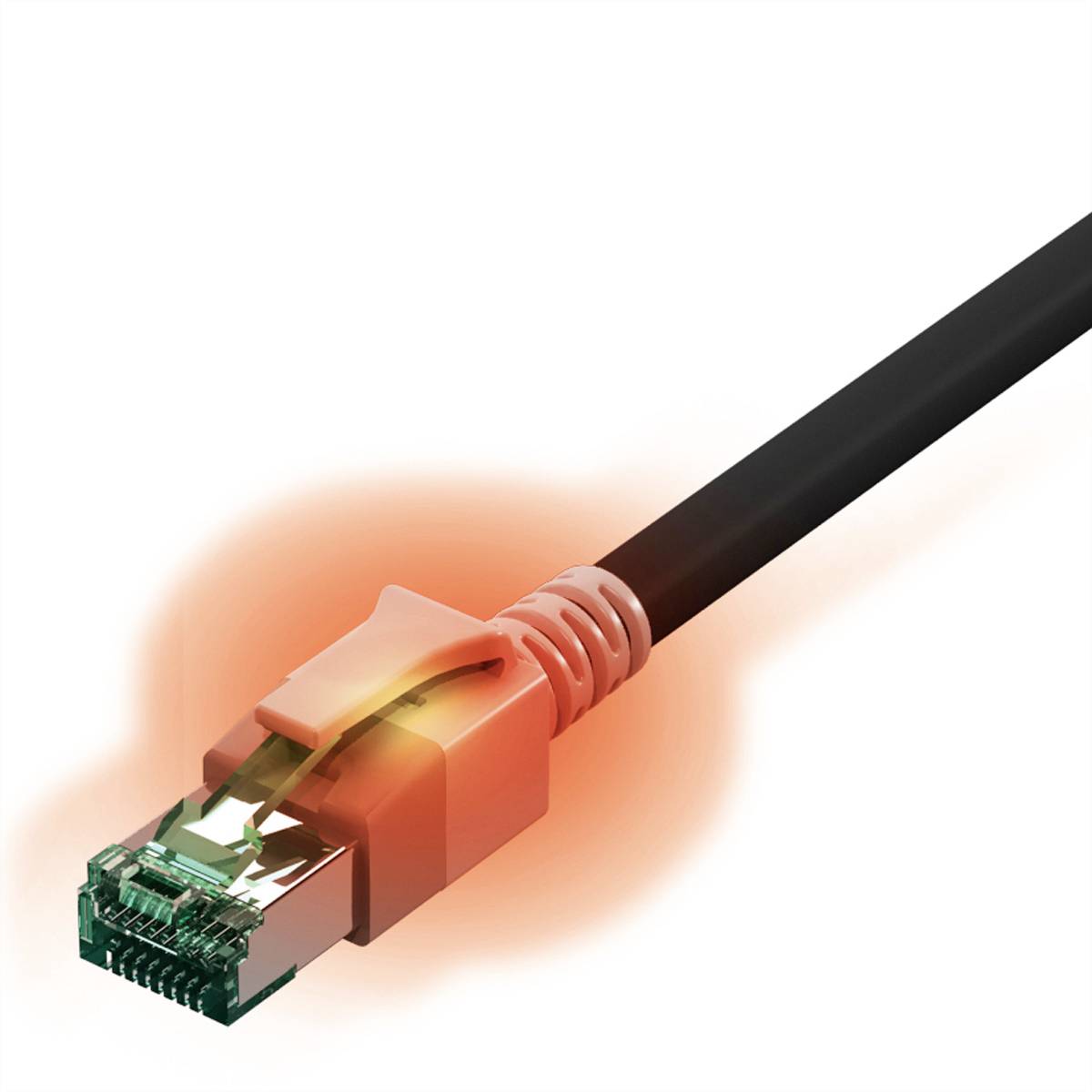 Ethernetový kábel so svietiacim konektorom zobrazuje pripojenie. V centre obrázka sa nachádza oranžovo svietiaci konektor.