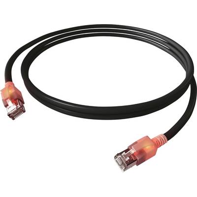 Čierny ethernetový kábel s červeno svietiacimi konektormi na oboch koncoch.
