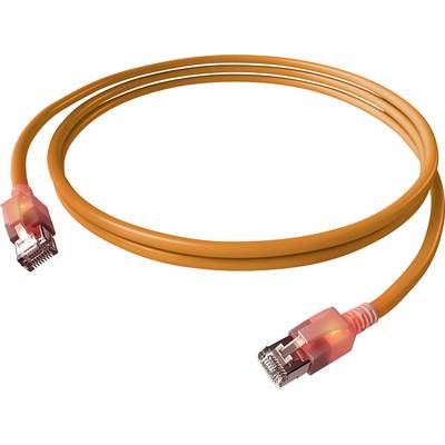 Oranžový sieťový kábel s dvoma RJ45 konektormi, vhodný pre Ethernet pripojenia.