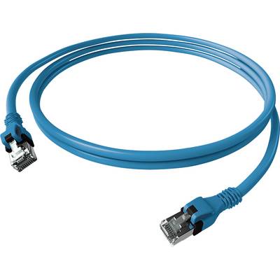 Modrý ethernetový kábel s dvoma RJ45 konektormi na koncoch.