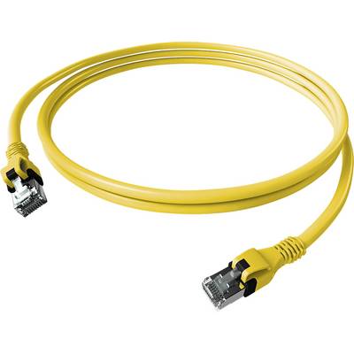 Žltý ethernetový kábel s dvoma RJ-45 konektormi, ktorý sa používa na sieťové pripojenie počítačov a zariadení.