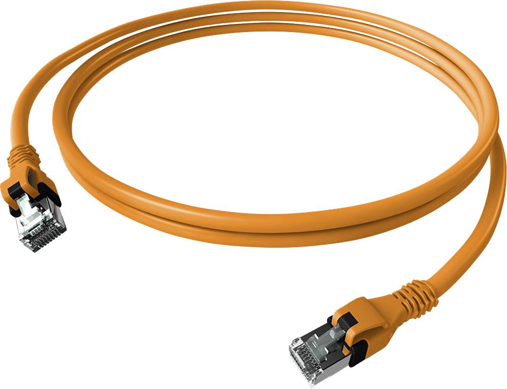 Oranžový ethernetový kábel s dvoma RJ45 konektormi, používaný na sieťové pripojenia.