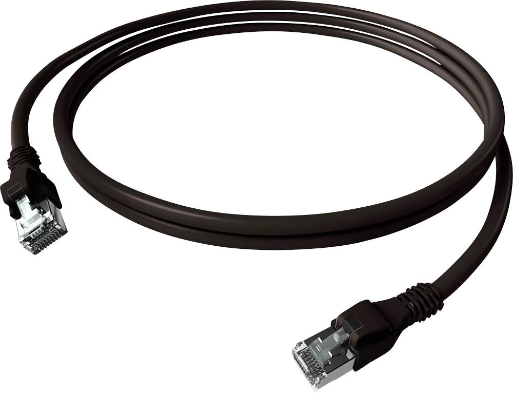 Čierny ethernetový kábel s RJ45 konektormi na oboch koncoch, používaný na sieťové pripojenia.