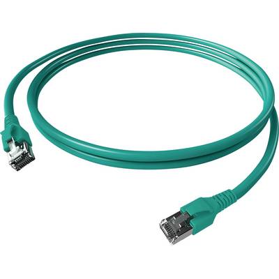 Zelený ethernetový kábel s dvoma RJ-45 konektormi, vhodný pre sieťové pripojenia.