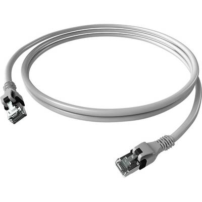 Sivý ethernetový kábel s obojstranne namontovanými RJ45 konektormi, na pripojenie sieťových zariadení pre prístup na internet a prenos dát.