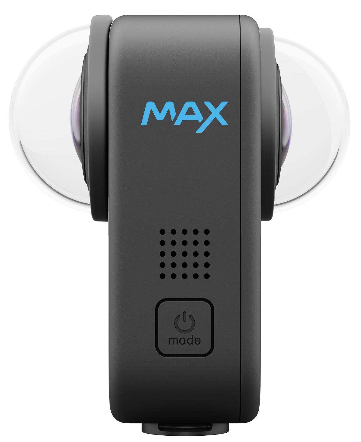 360-stupňová kamera s nápisom 'MAX' hore. Má dve šošovky na každej strane, vypínač vpredu a je čierna.