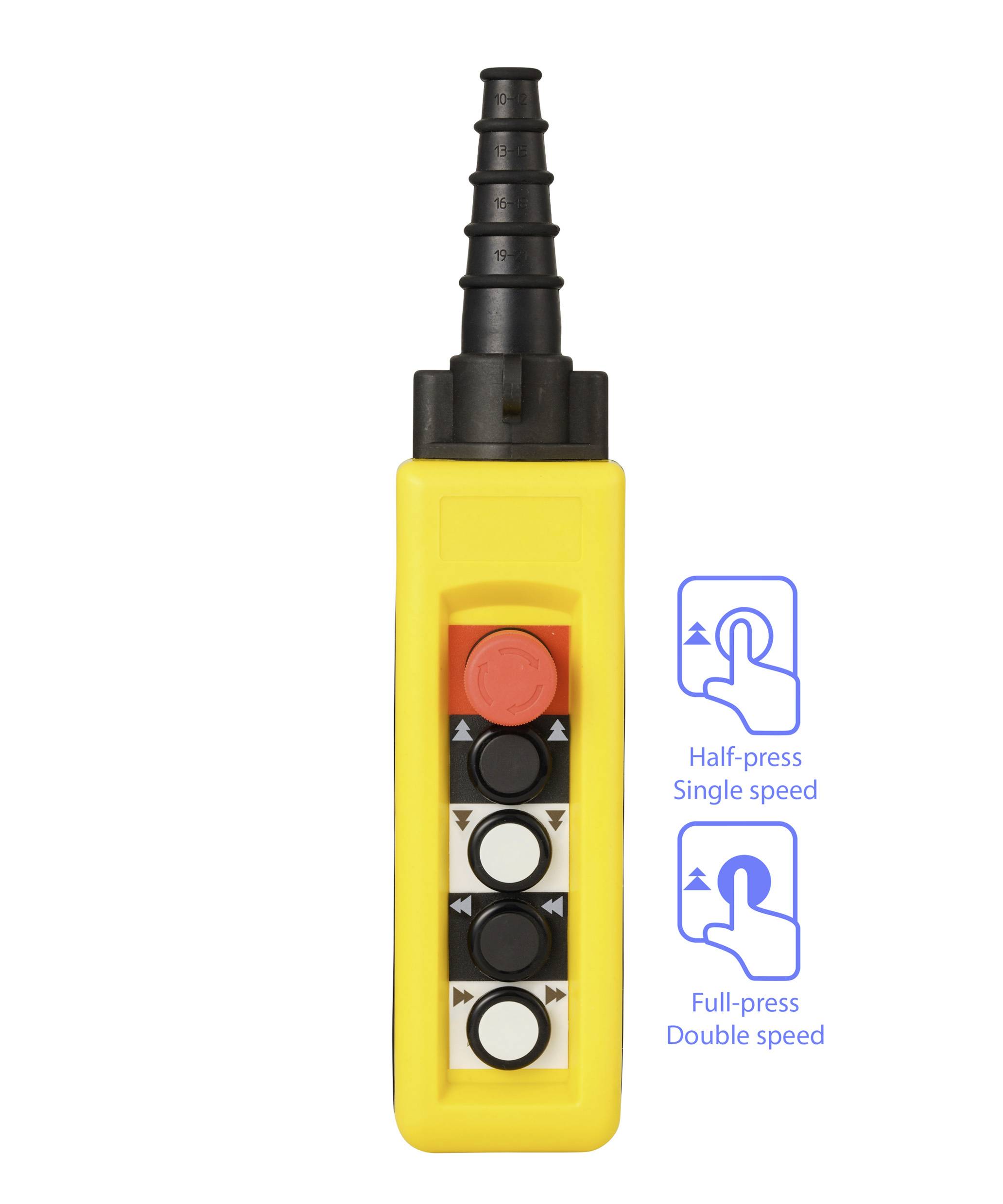Žltý ovládací prepínač s piatimi tlačidlami a diagramom zobrazujúcim pokyny "Polovičný stlačenie - Jedna rýchlosť" a "Úplné stlačenie - Dvojitá rýchlosť".