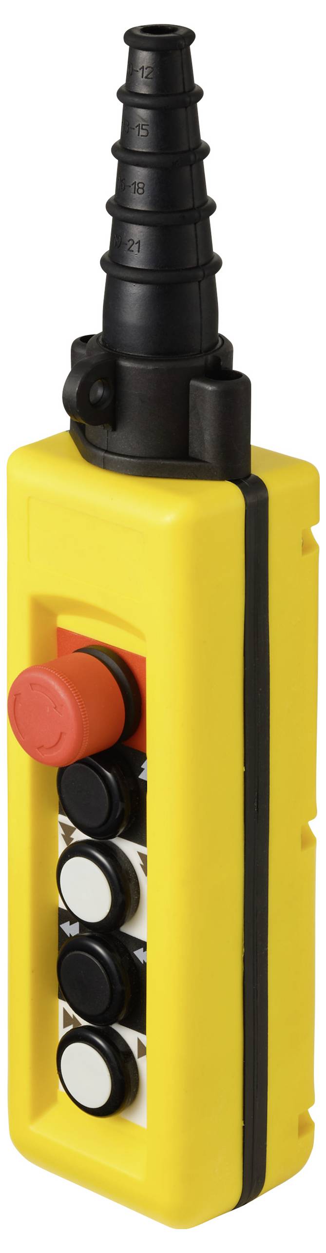 Ručný diaľkový ovládač so žltým obalom a niekoľkými čiernymi a bielymi tlačidlami vrátane výrazného červeného núdzového tlačidla.