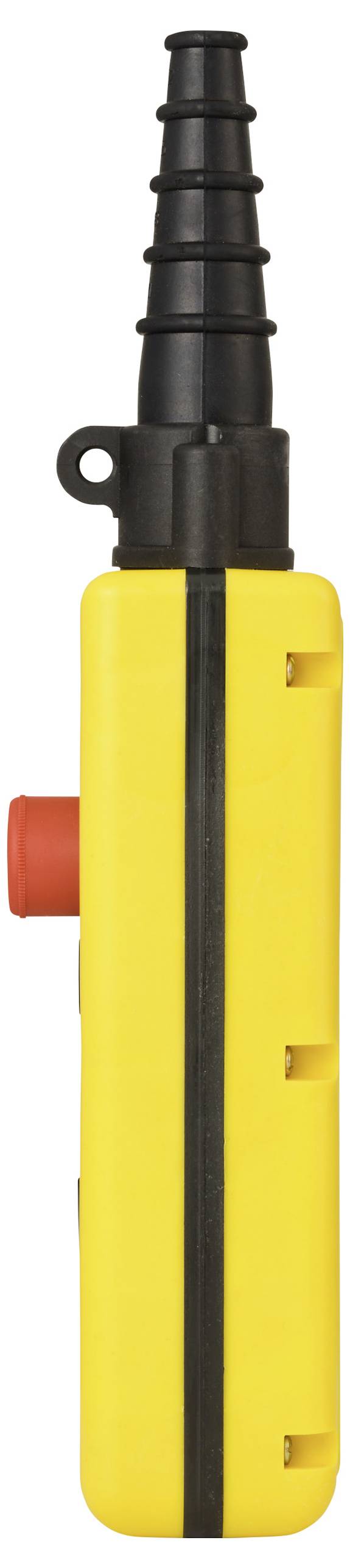 Žlté ručné zariadenie s čiernou anténou a červeným tlačidlom na boku.