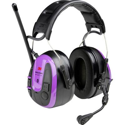 Fialová ochranná slúchadlá s integrovaným mikrofónom a rádiovou anténou, vhodné pre hlučné prostredia, zlepšujú komunikáciu a bezpečnosť.