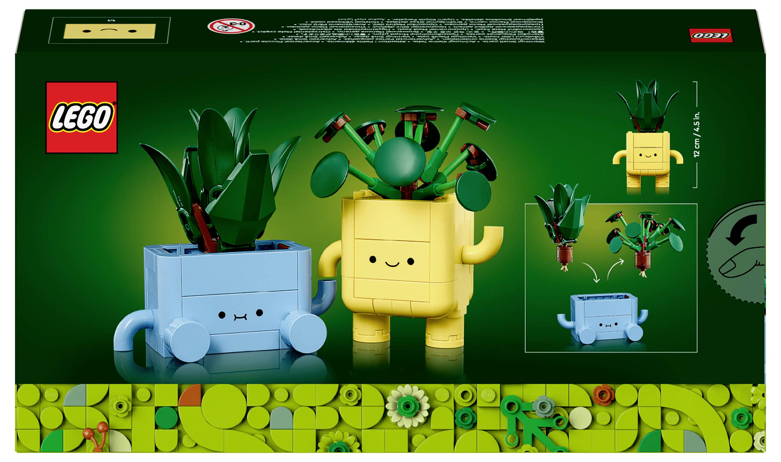 LEGO súprava s dvoma kvetináčmi z LEGO kociek, jeden v modrej a druhý v žltej farbe, oba s tvárami a rastlinami.