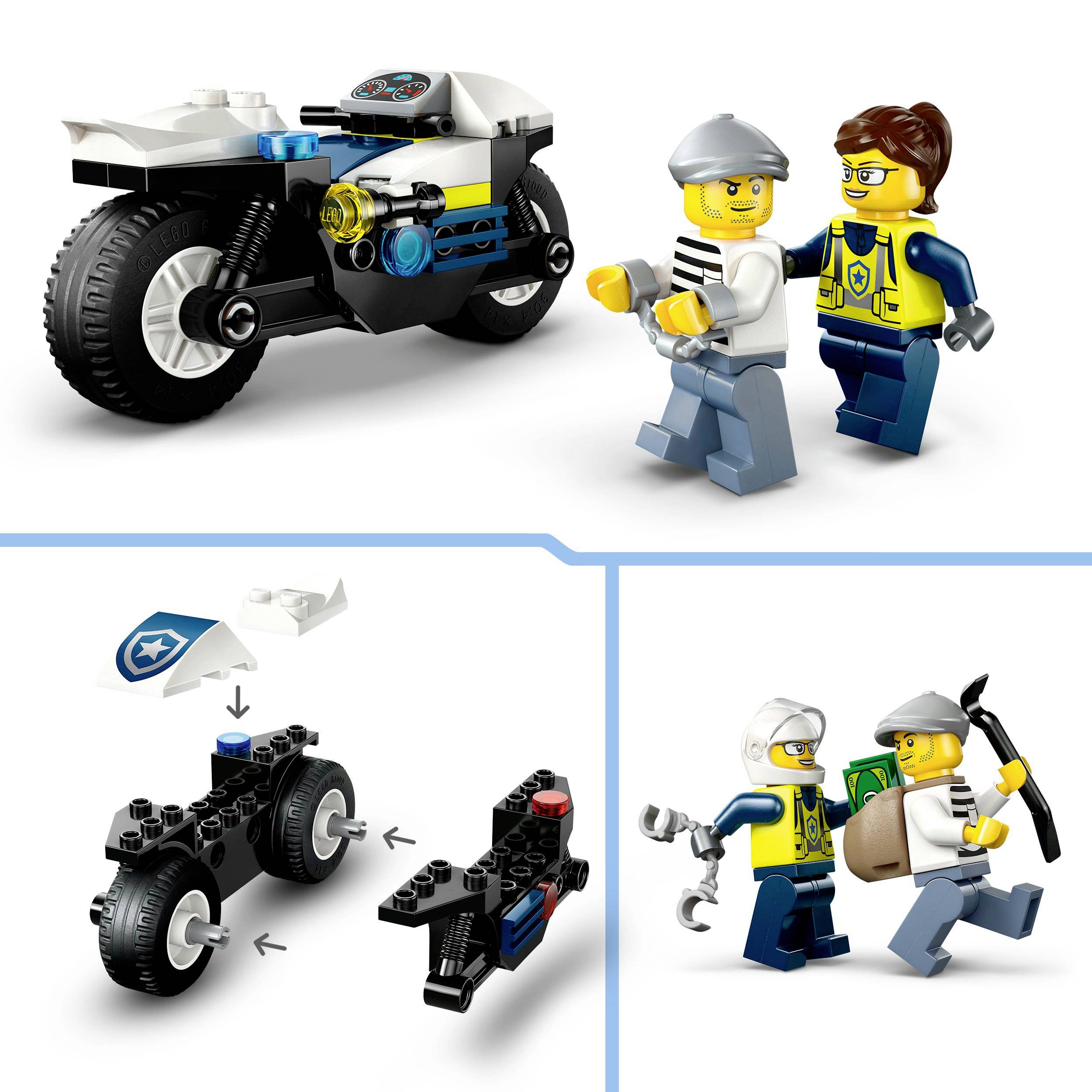 Lego scéna: Dve figúrky v policajných uniformách stoja vedľa motocykla. Dole: Návod na stavbu motocykla s jednotlivými dielmi.