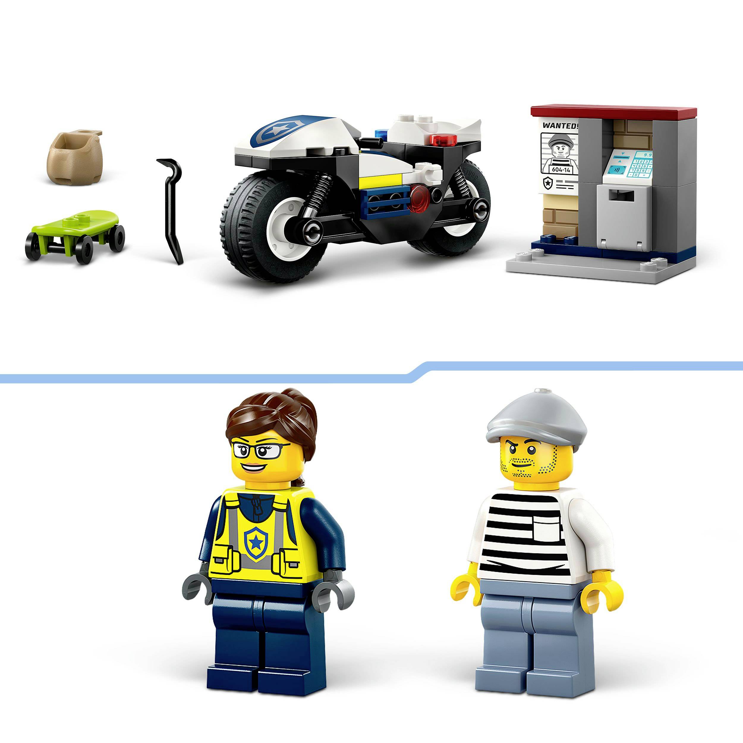 Policajná motorka, bankomat, policajtka a zlodej s predmetmi ako páčidlo a skateboard.