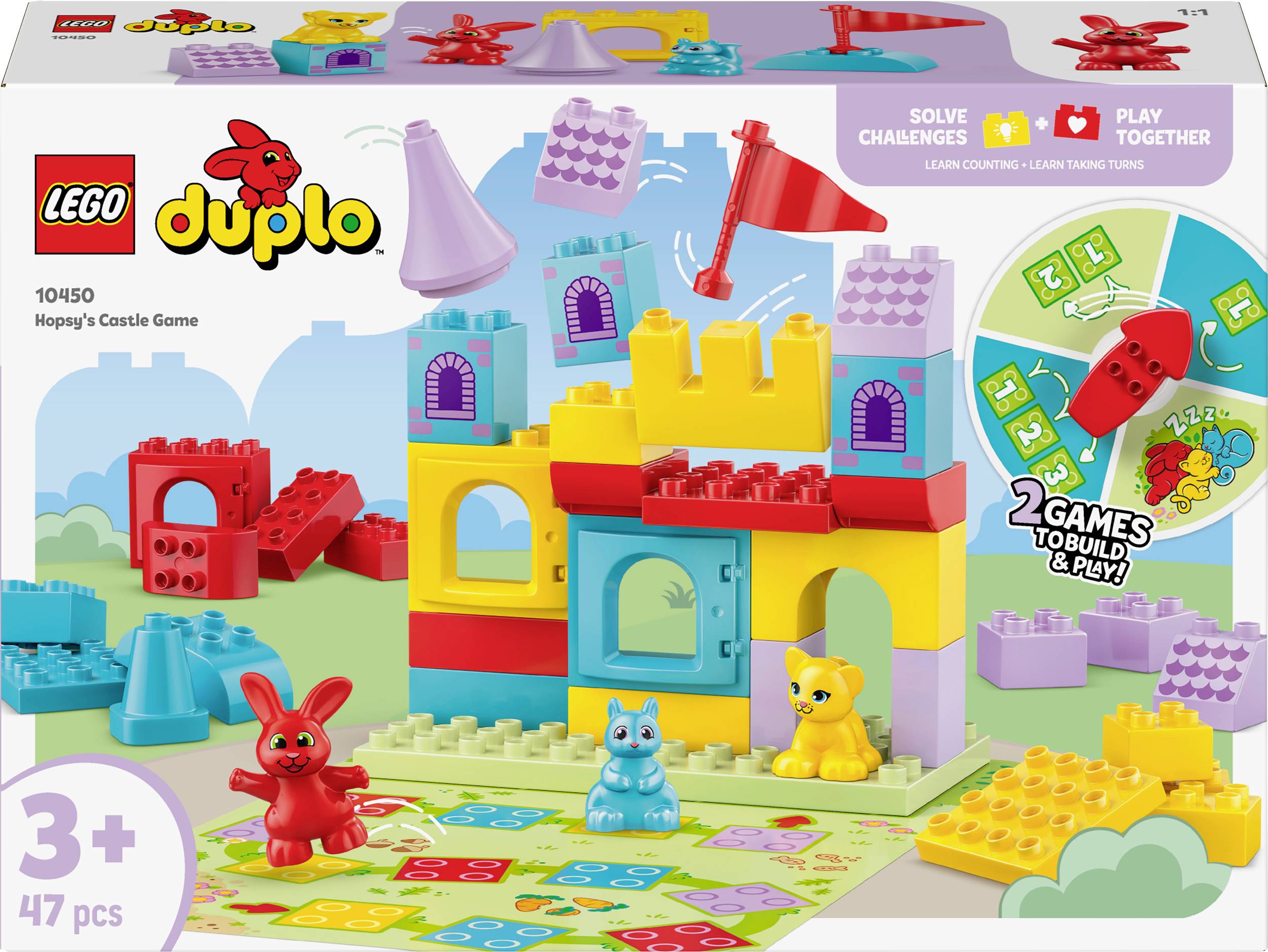 LEGO Duplo súprava 'Hoppyho hradná hra' s farebnými stavebnicovými kockami a zajačími figúrkami. Vhodné pre deti od 3 rokov. 47 dielov.