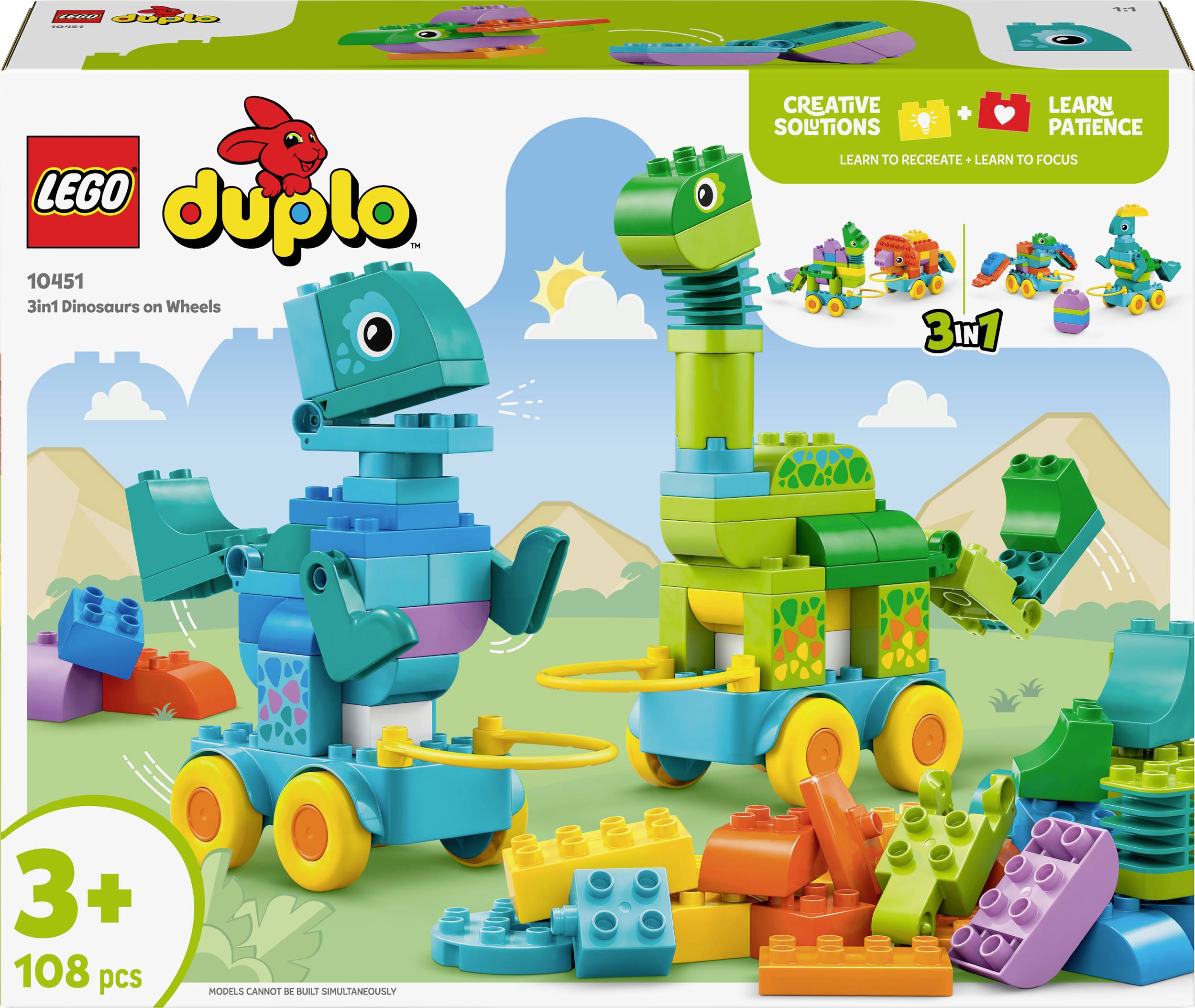 Hračková súprava s farebnými dinosaurmi na kolieskach zo série LEGO Duplo. Obsahuje kreatívne možnosti stavby pre deti od 3 rokov.