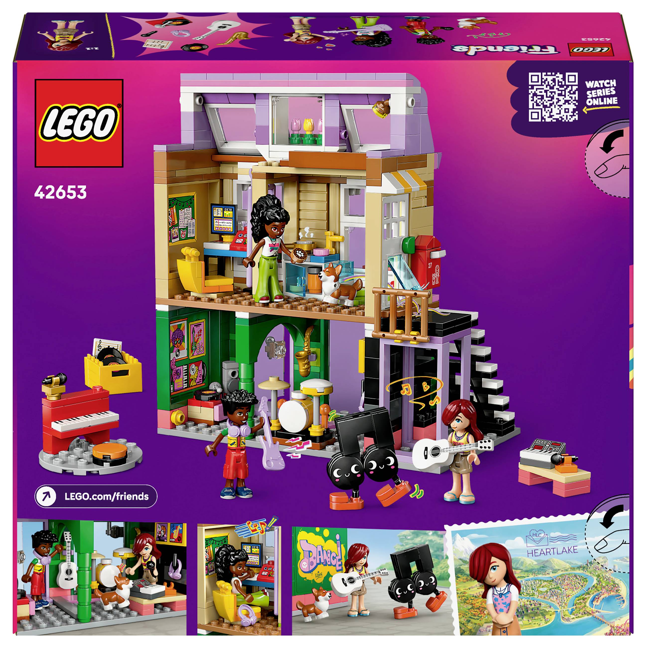 Farebná LEGO hračkárska krabica s názvom 'Friends'. Zobrazuje dvojposchodovú budovu s figúrkami, hudobnou miestnosťou a množstvom doplnkov.