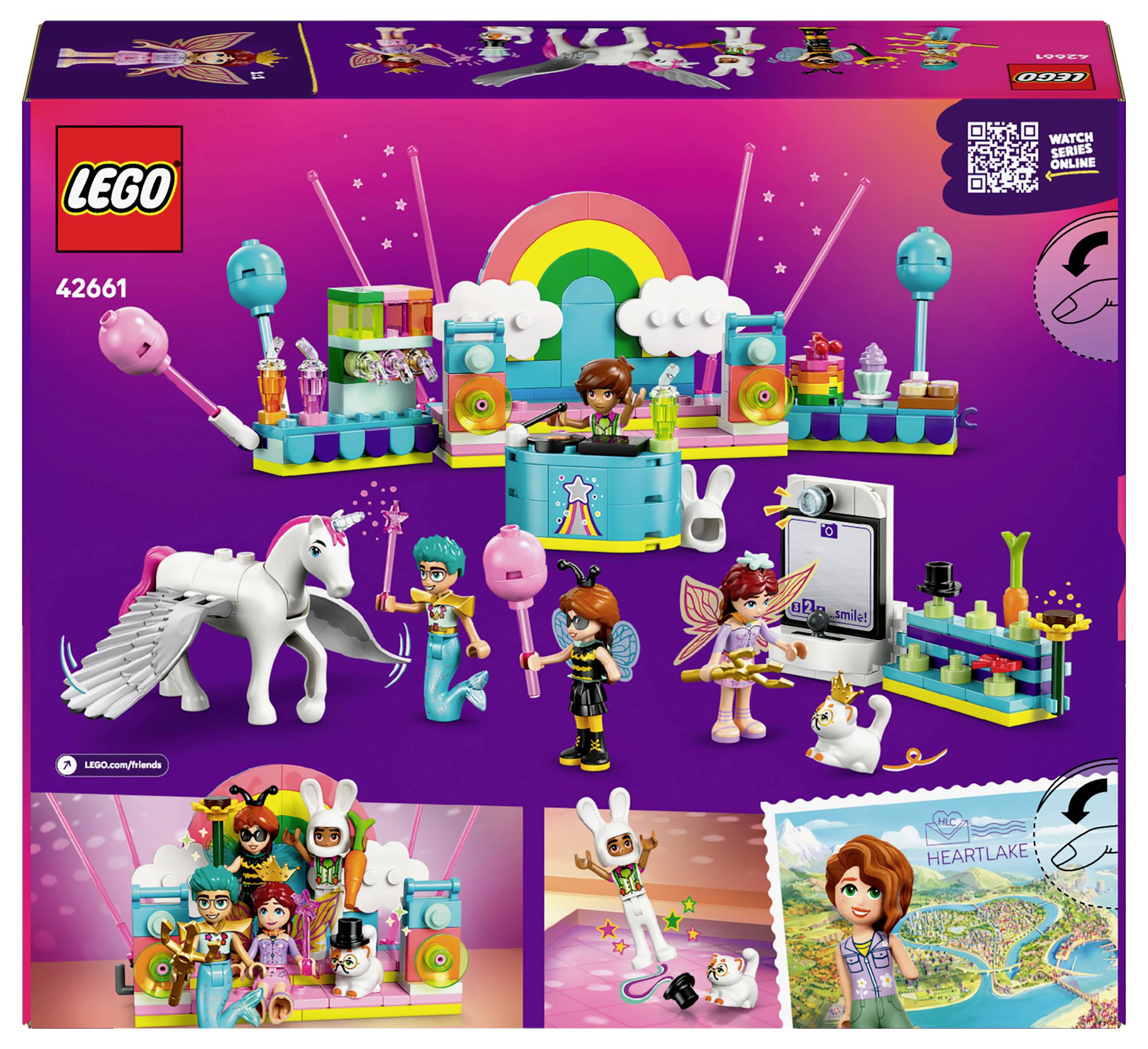 LEGO súprava s farebným hudobným pódiom, figúrkami s nástrojmi, Pegasom a mapou. Obsahuje LEGO logo a číslo súpravy.