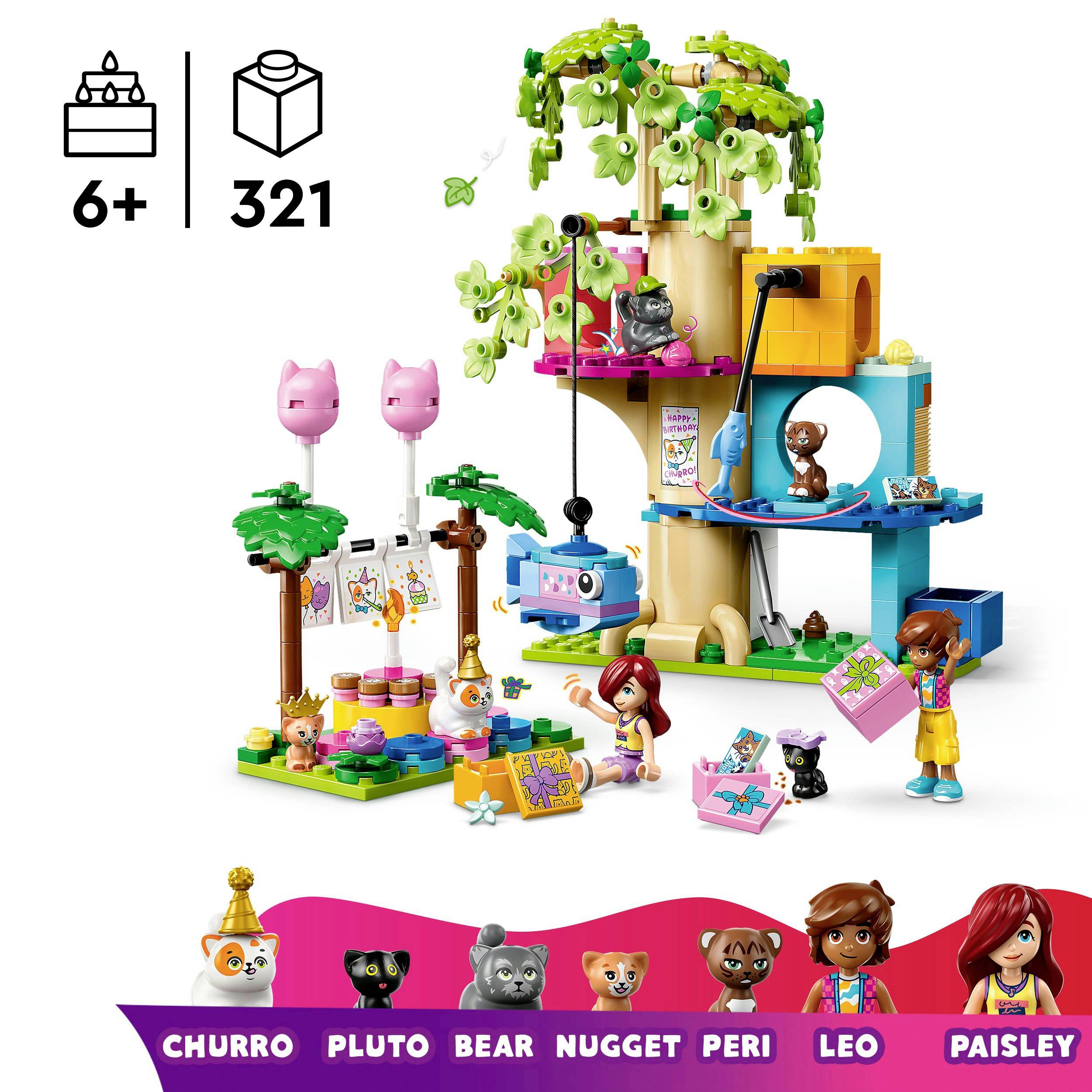 LEGO Friends stavebnica pre deti od 6 rokov, 321 dielov. Zobrazený je domček na strome s figúrkami, zvieratkami a stavebnými prvkami.