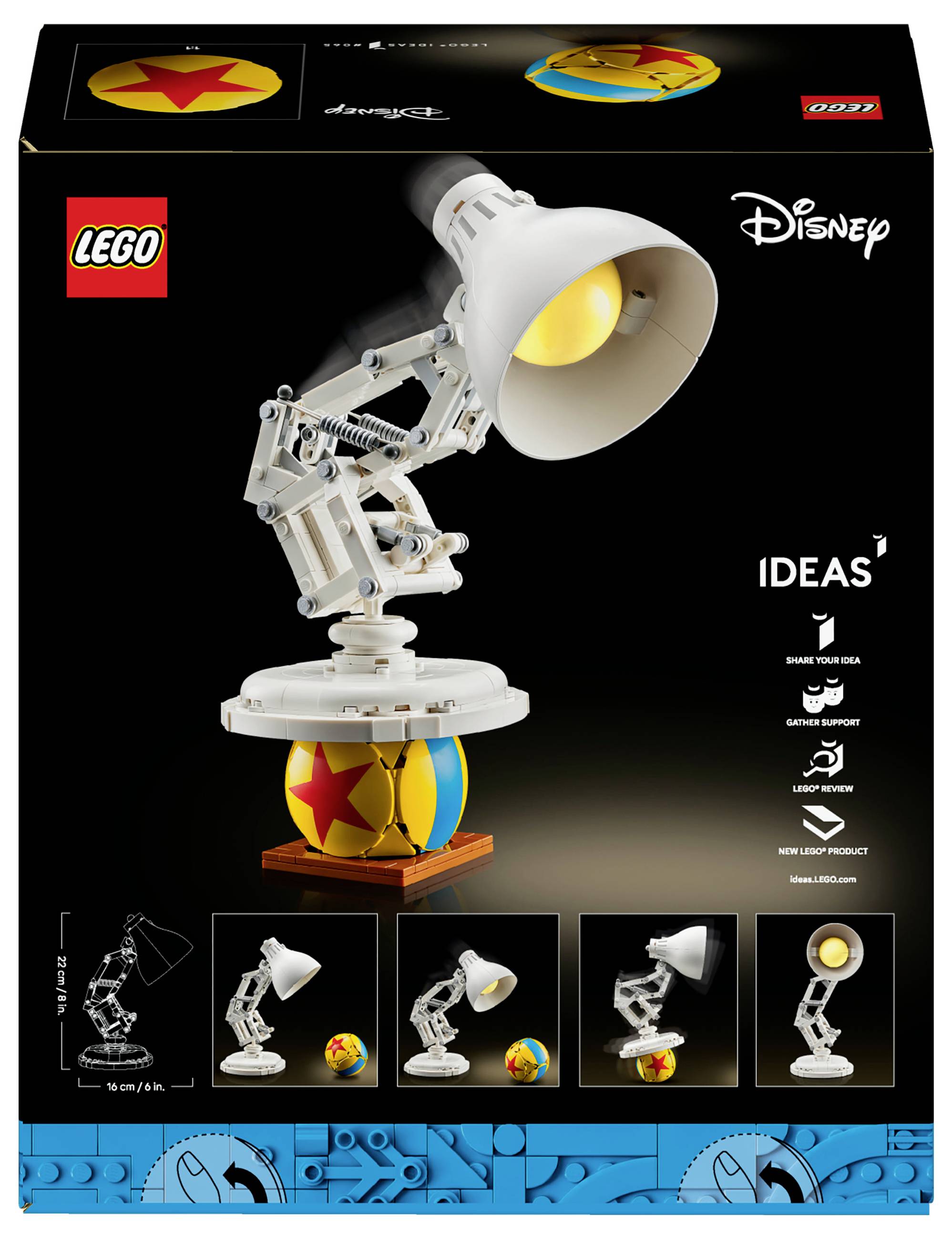 LEGO súprava s písacou lampou, ktorá balansuje na farebnej guli. Obsahuje detaily k lampe a symboliku Disney.