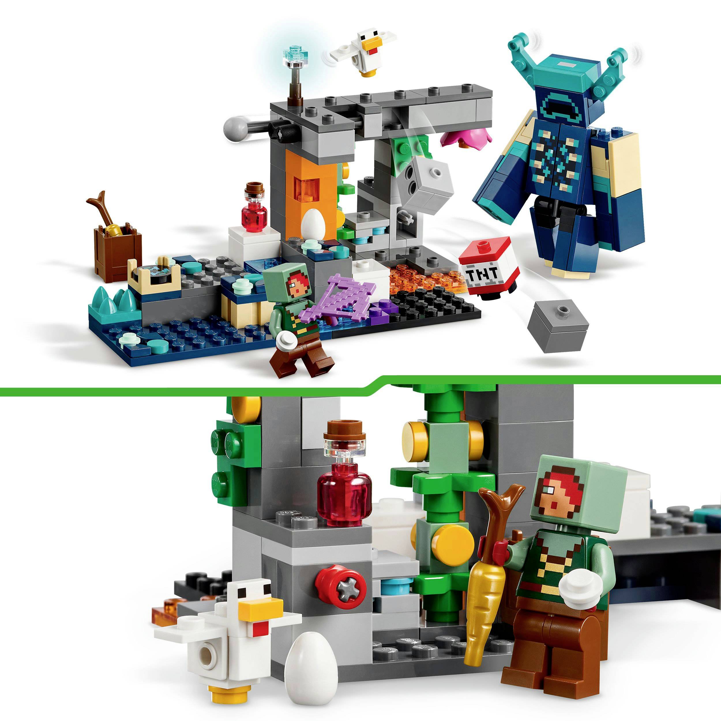 Hore: LEGO scéna s modrou Minecraft postavou, lektvarmi a TNT. Dole: Minecraft figúrka s mrkvou a sliepkou.