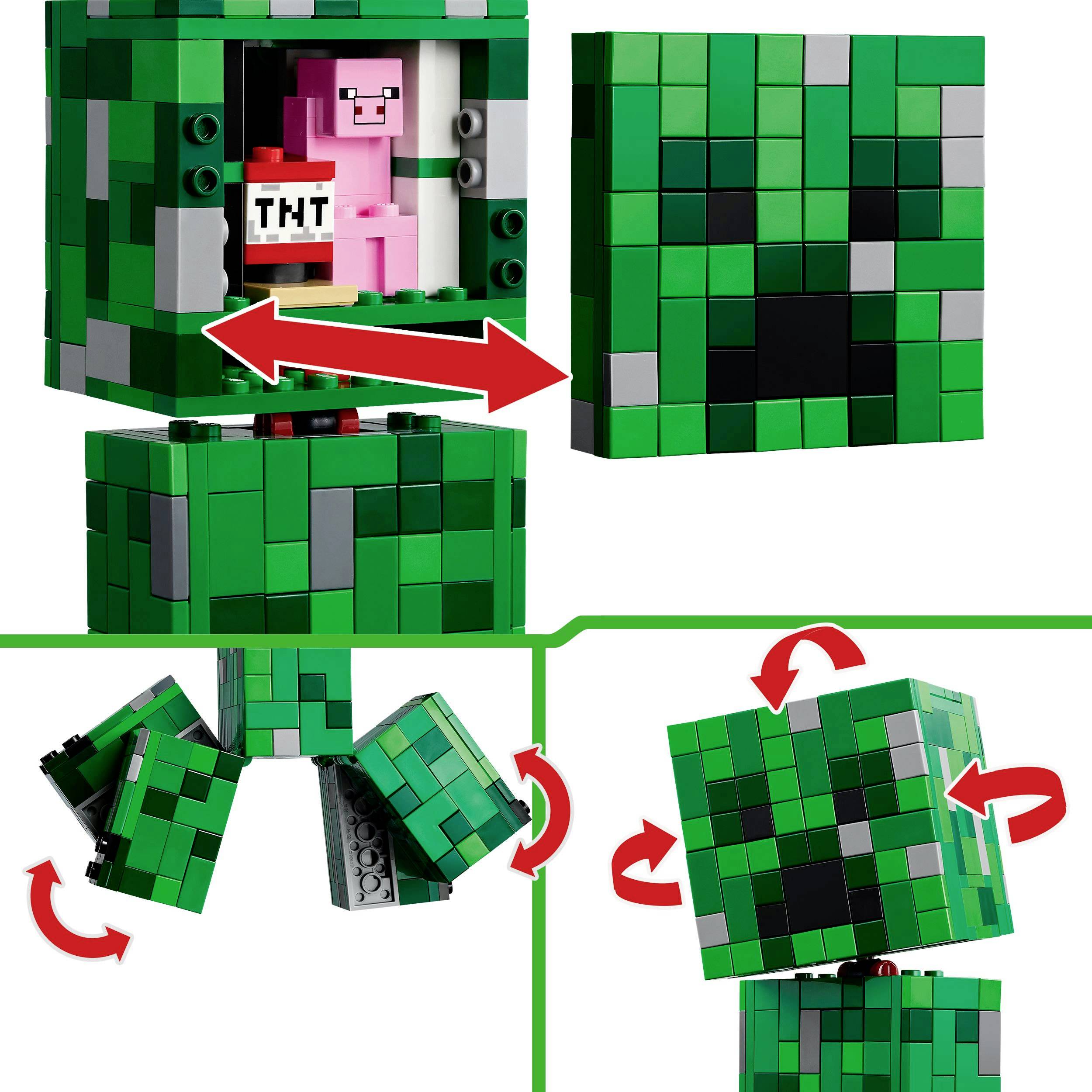 Lego súprava zobrazuje zelený kocka s otvárateľnými stranami. Vnútri je ružová figúrka a TNT blok. Červené šípky ukazujú pohyby.