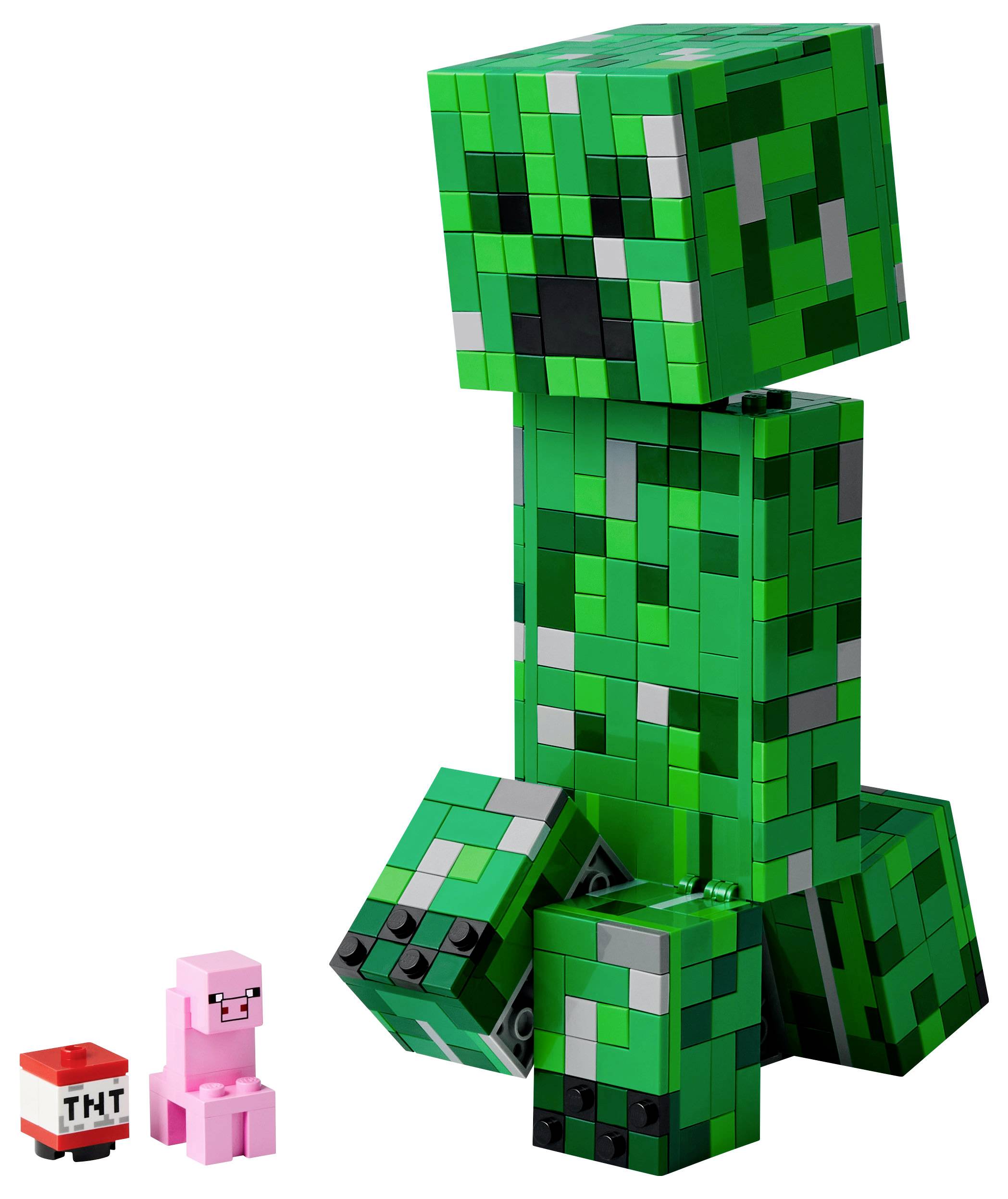 Veľká zelená a čierna Lego figúrka v tvare Creepera zo hry 'Minecraft', vedľa nej malé prasiatko a TNT blok.