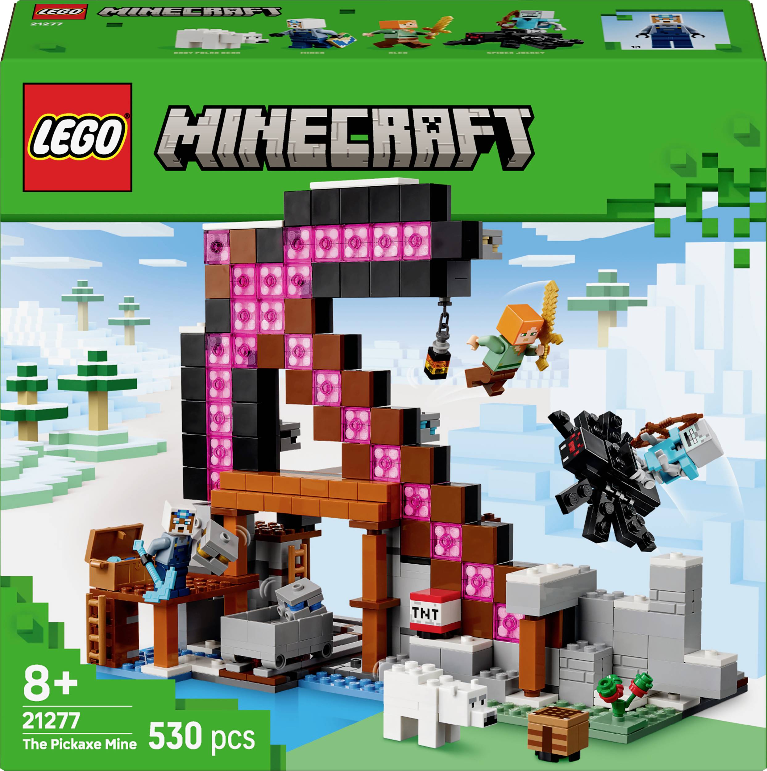 LEGO Minecraft stavebnica: Veľký krompáč z ružových kameňov, obklopený postavičkami a snehovou krajinou. Obsahuje 530 dielov. Od 8 rokov.