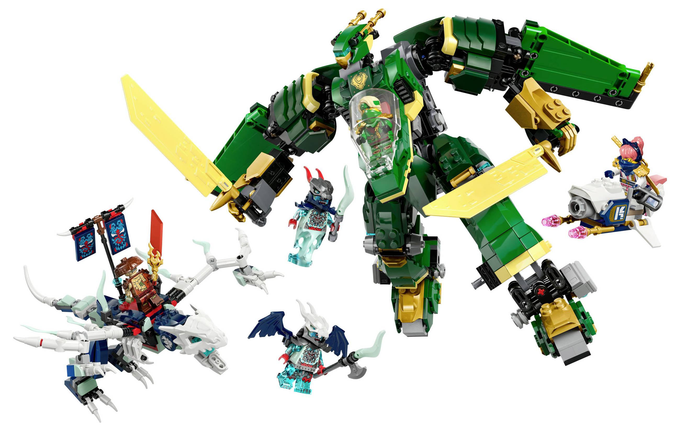 Veľký zelený Lego robot s dračími krídlami a dvoma žltými mečmi je sprevádzaný malými Lego figúrkami a bielym drakom.