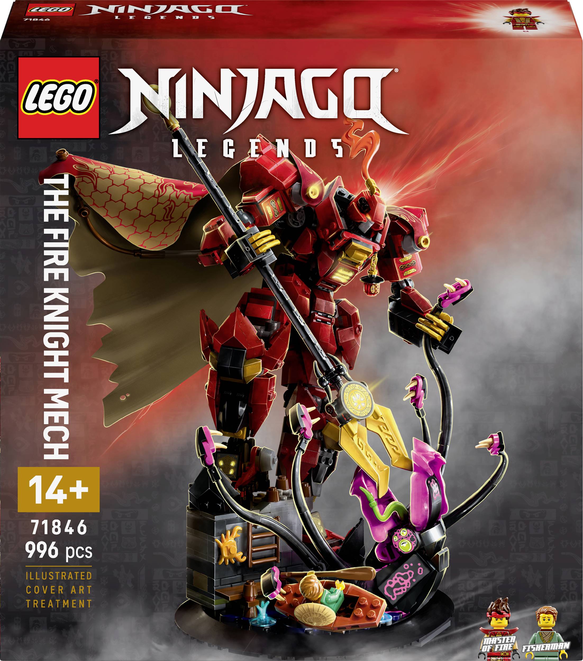 Balenie LEGO Ninjago zobrazuje 'Ohnivého rytiera-Mecha', impozantný červený robotický model s 996 dielmi od 14 rokov.