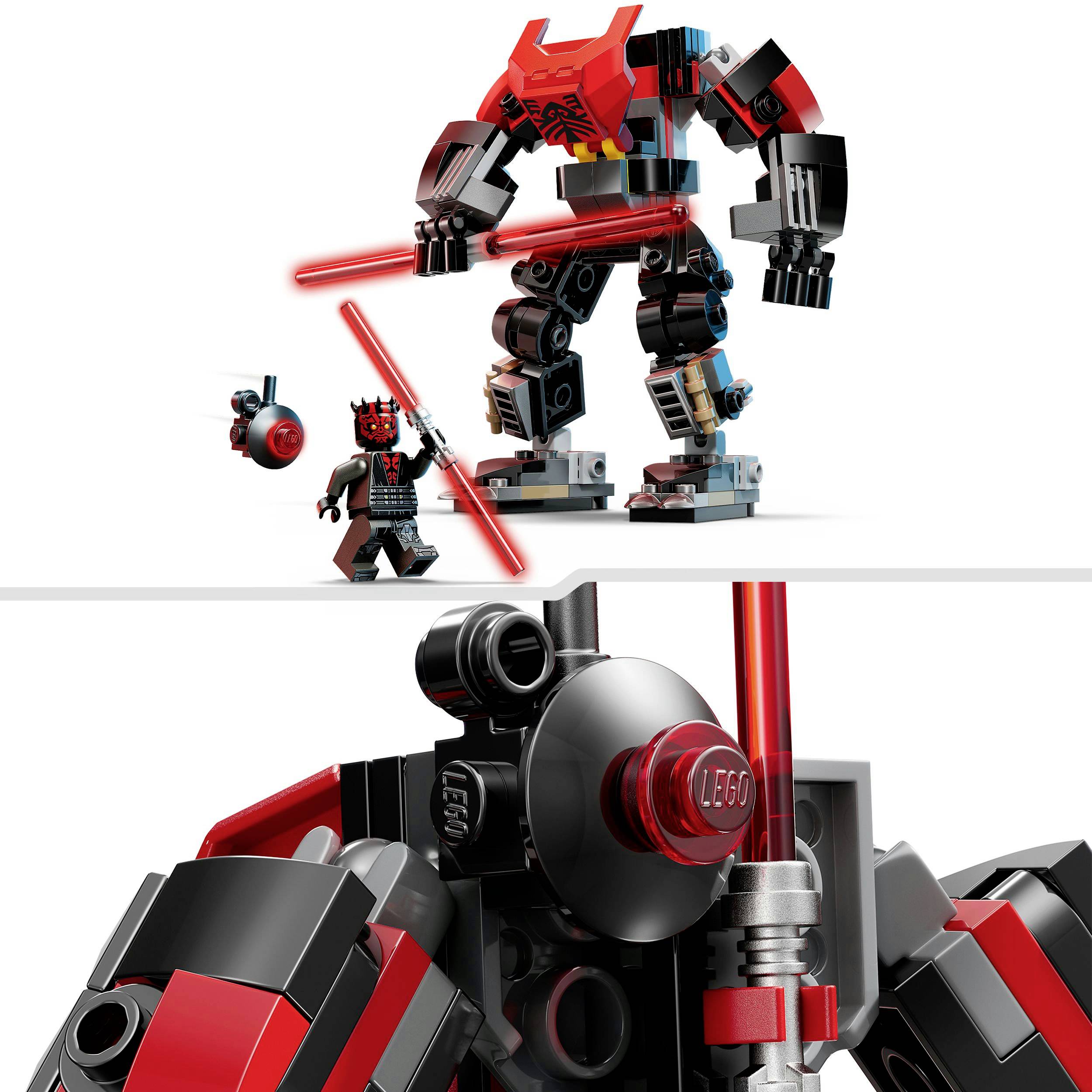 Veľká, červeno-čierna robotická hračka z LEGO so svietiacimi mečmi. Vedľa nej menšia LEGO figúrka s prislúchajúcim mečom.
