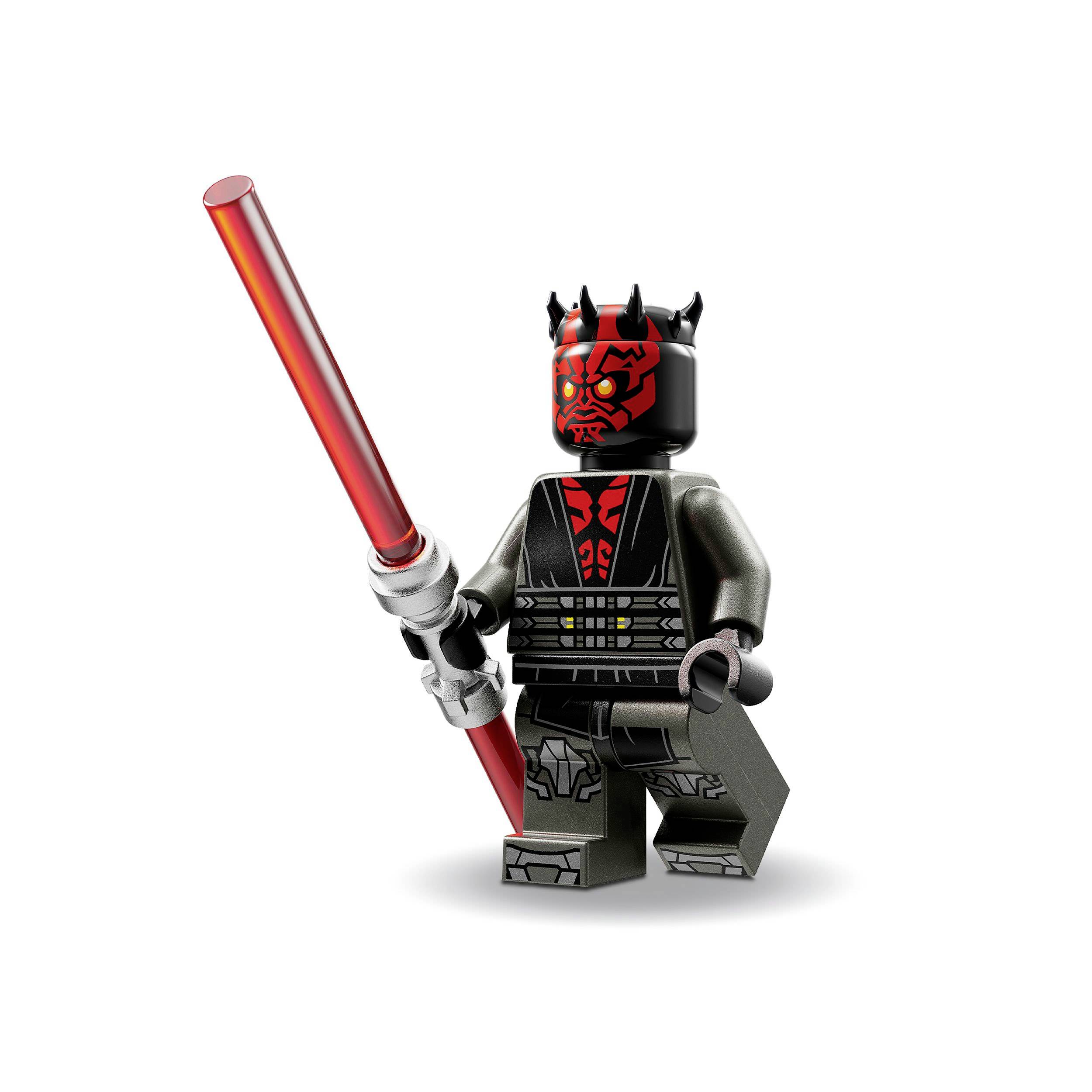 LEGO figúrka postavy v čiernom oblečení s červeno-čiernou tvárou, drží červený svetelný meč.