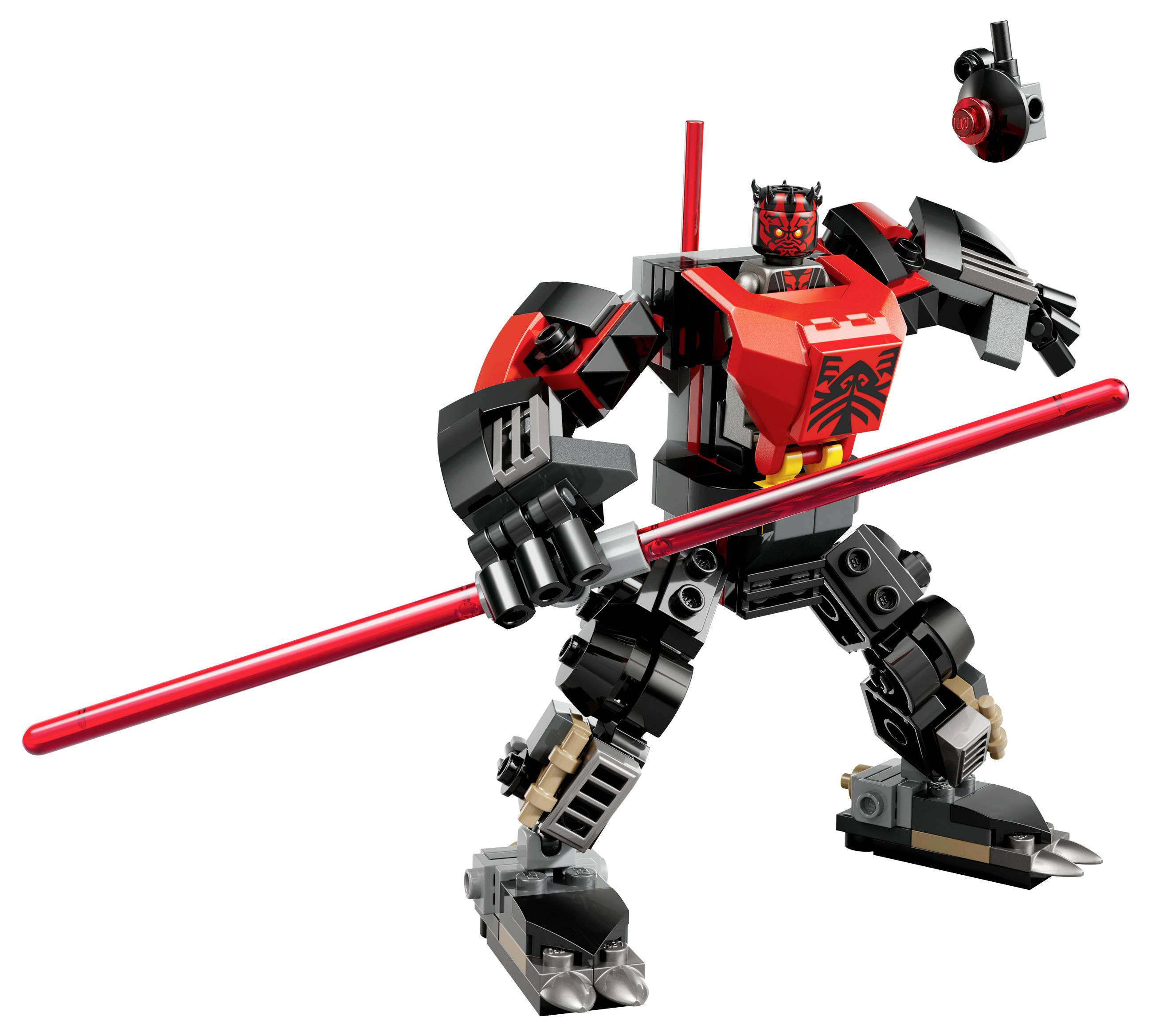 LEGO robot v červenej a čiernej farbe drží svietiaci meč. Viditeľná je tvár s červeným pomaľovaním a odnímateľná helma.