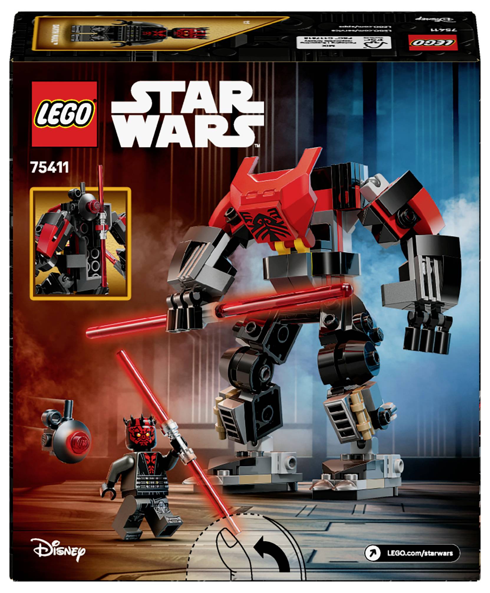 LEGO Star Wars Set 75411 Balenie s postaviteľným robotom a figúrkou, oba s červenými svetelnými mečmi, v pozadí.