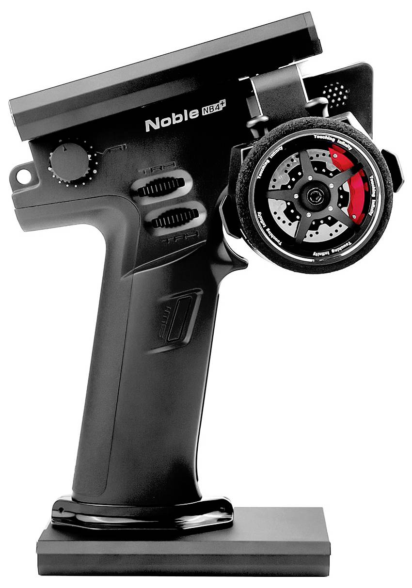 Čierna diaľkové ovládanie s displejom a ovládacím kolieskom, model 'Noble NB4', na bielom pozadí. Vhodné pre RC vozidlá.