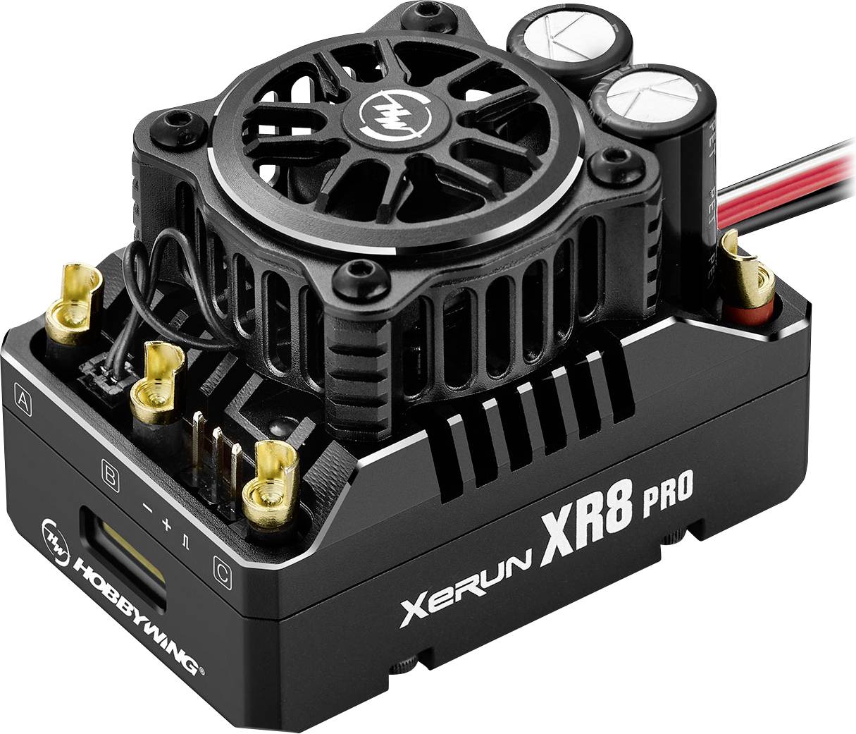 Čierny elektronický regulátor otáčok 'Xerun XR8 Pro' s ventilátorom a pripájacími káblami, používaný pre diaľkovo ovládané vozidlá.