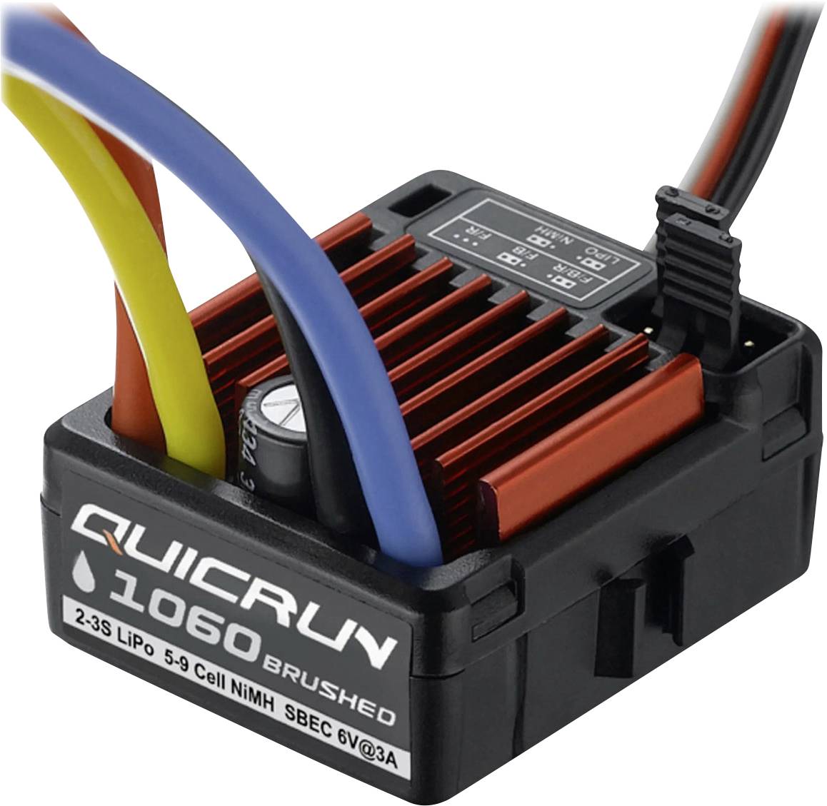 'Elektronický komponent od QUICRUN, model 1060, s káblami a chladičom. Podporuje 2-3S LiPo, 5-9 článkov NiMH, poskytuje SBEC 6V/3A.'