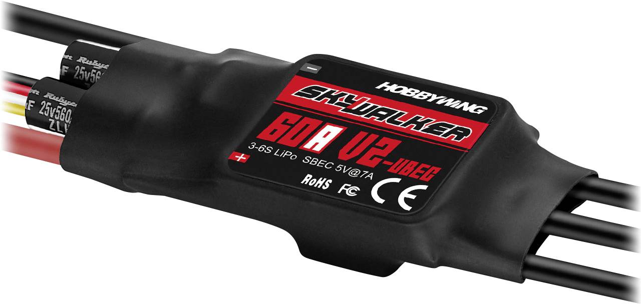 ESC regulátor 'Skywalker 60A V2-UBEC' s káblami pre RC modely, zobrazujúci technické špecifikácie a logo značky na červenom štítku.