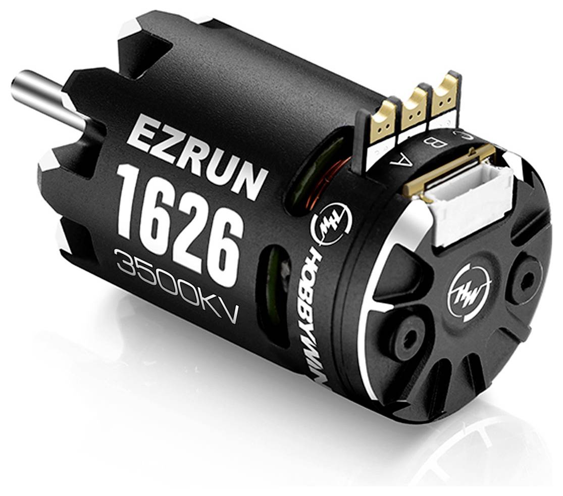 Čierny elektromotor s nápisom 'EZRUN 1626 3500KV'. Motor ukazuje elektronické konektory a hriadeľ.