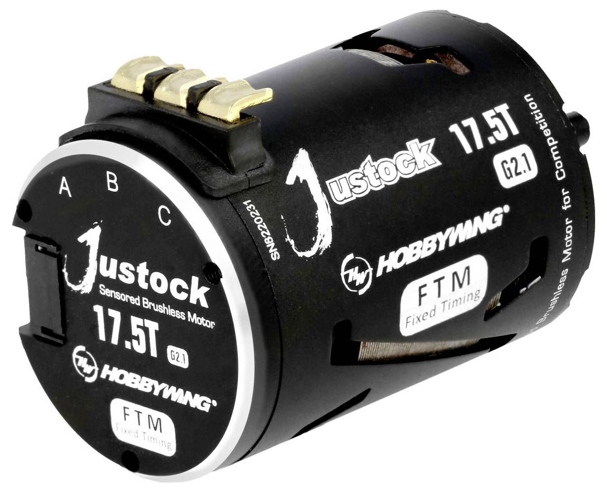 Čierny, senzorový bezkartáčový motor od HOBBYWING, model 'Justock 17.5T'. Vhodný pre súťaže.