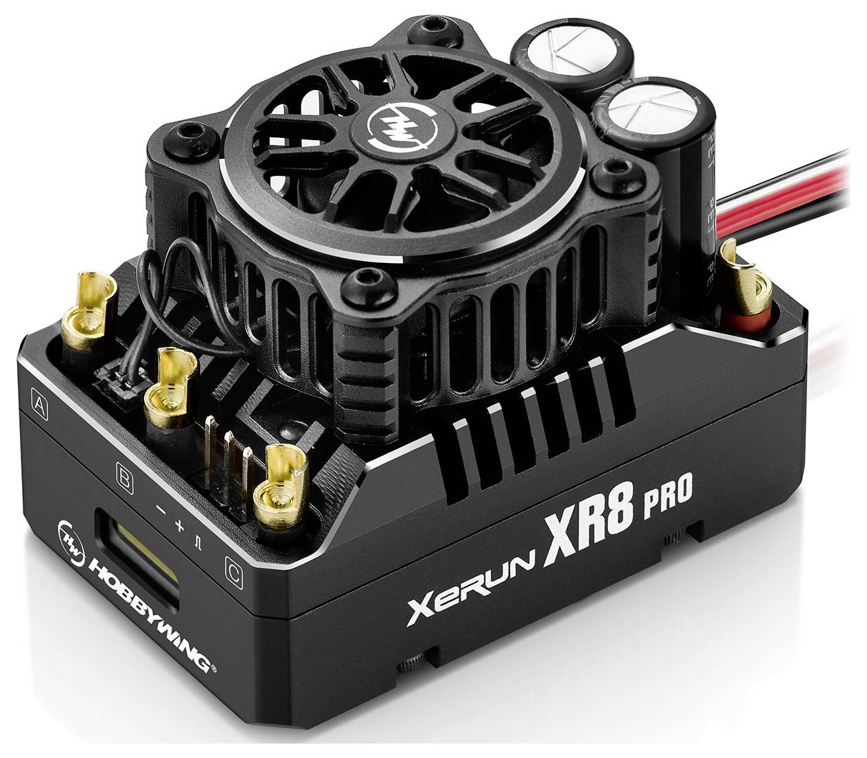 Čierny XR8 PRO motorový regulátor od Hobbywing s ventilátorom a dvoma veľkými kondenzátormi, vhodný pre diaľkovo ovládané autá.