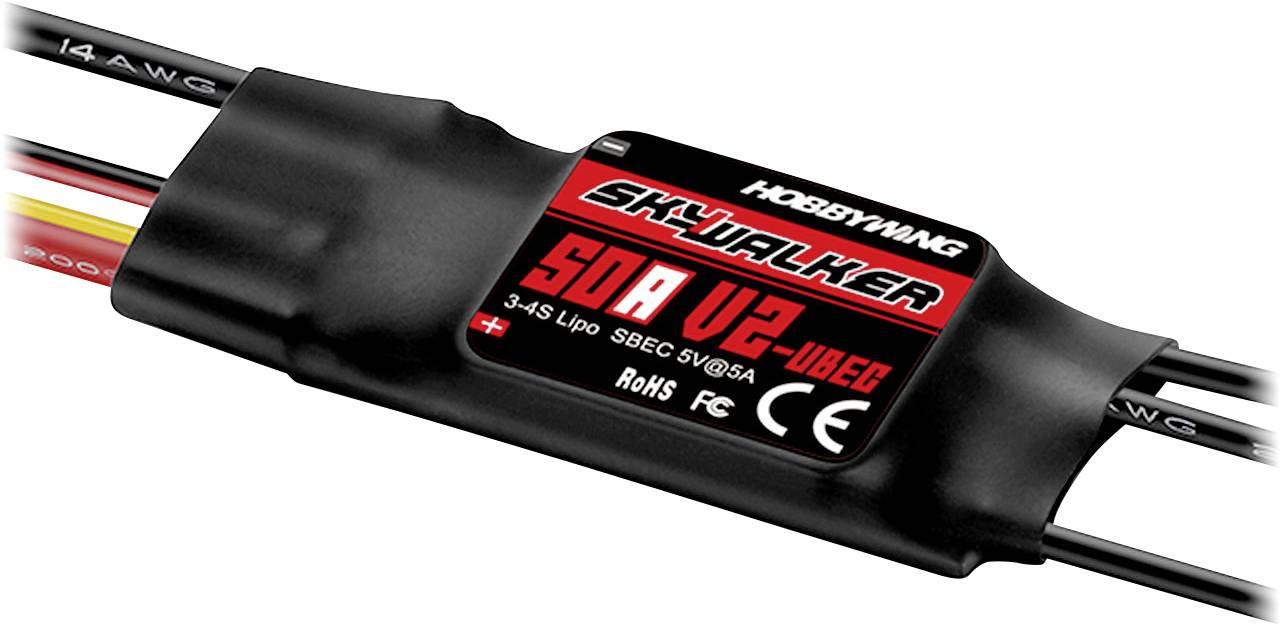 Hobbywing Skywalker 50A V2 UBEC je elektronický regulátor otáčok (ESC) pre RC lietadlá, podporujúci 3-4S LiPo batérie.
