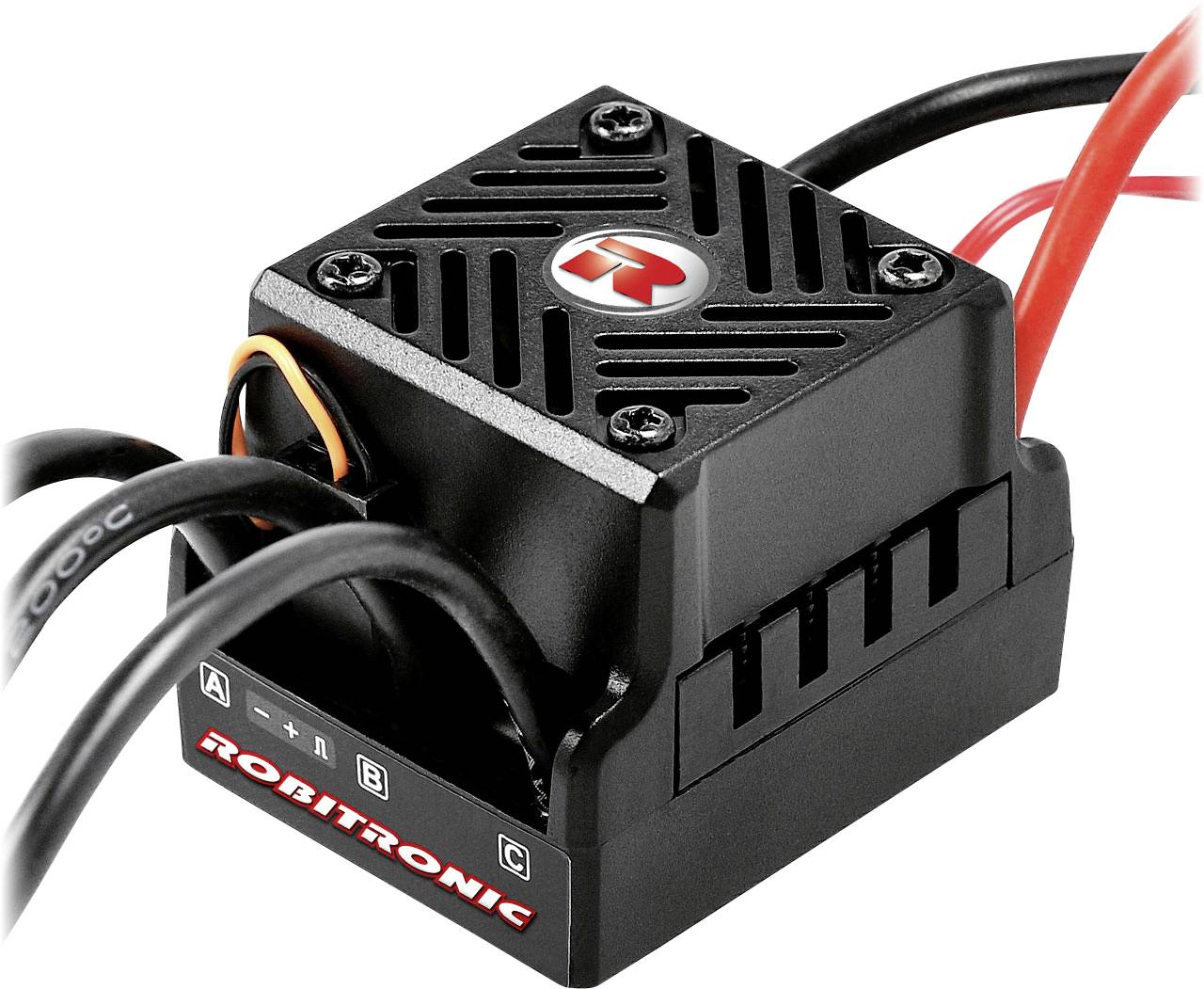Čierny elektronický komponent s káblami, označený nápisom 'ROBITRONIC'. Kľúčový pre ovládanie elektronických zariadení.