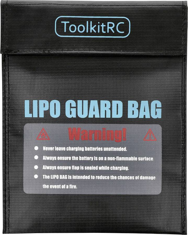Čierna taška s modrým logom 'ToolkitRC' hore. Text: 'LIPO GUARD BAG' a výstražné upozornenia o bezpečnom používaní LiPo batérií.