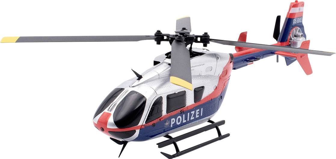 Hračkársky model policajnej helikoptéry v modrej a červenej farbe s viditeľným nápisom 'POLÍCIA' na boku.