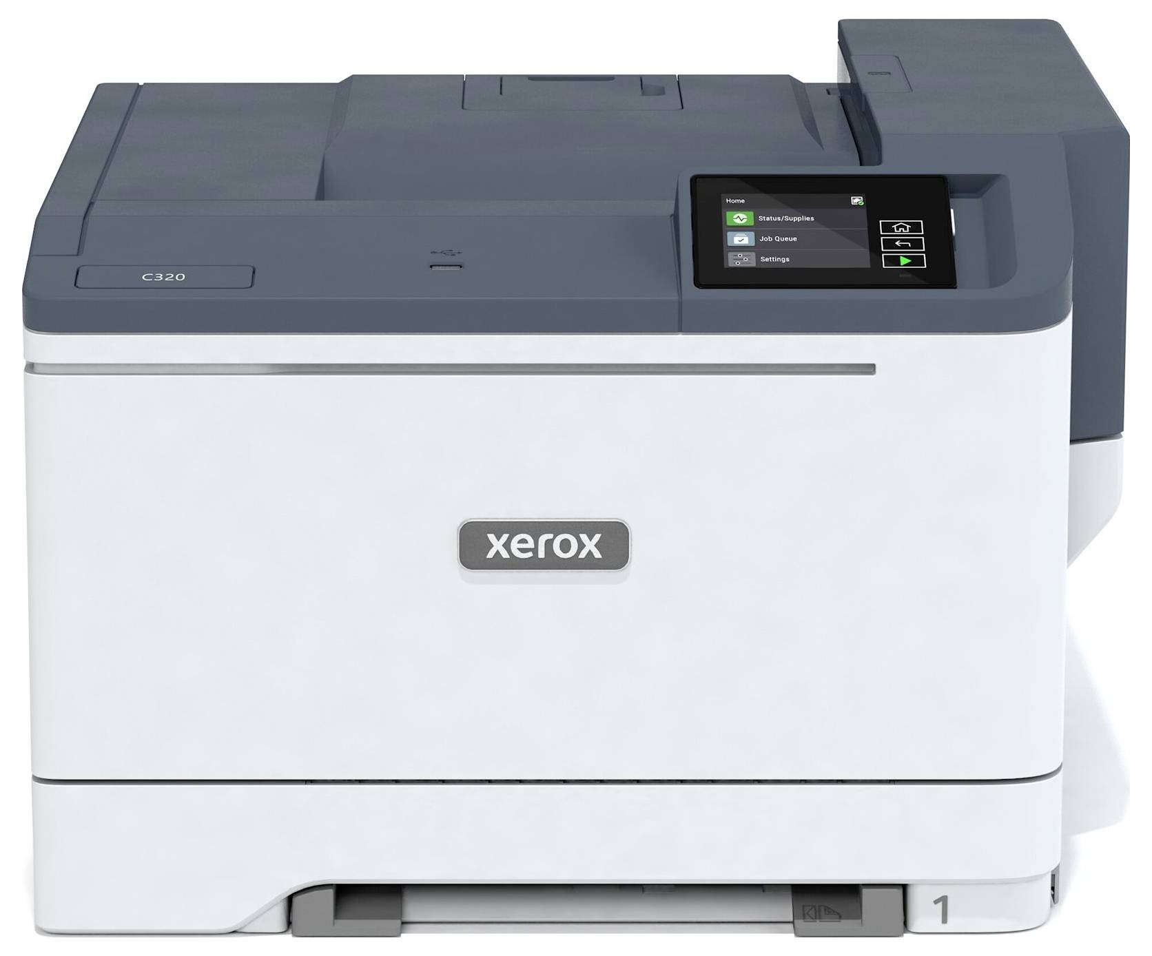 Tlačiareň so sivým krytom a malým displejom na pravej strane, na ktorom je napísané 'Xerox'. Model C230, vhodný pre kancelárske použitie.